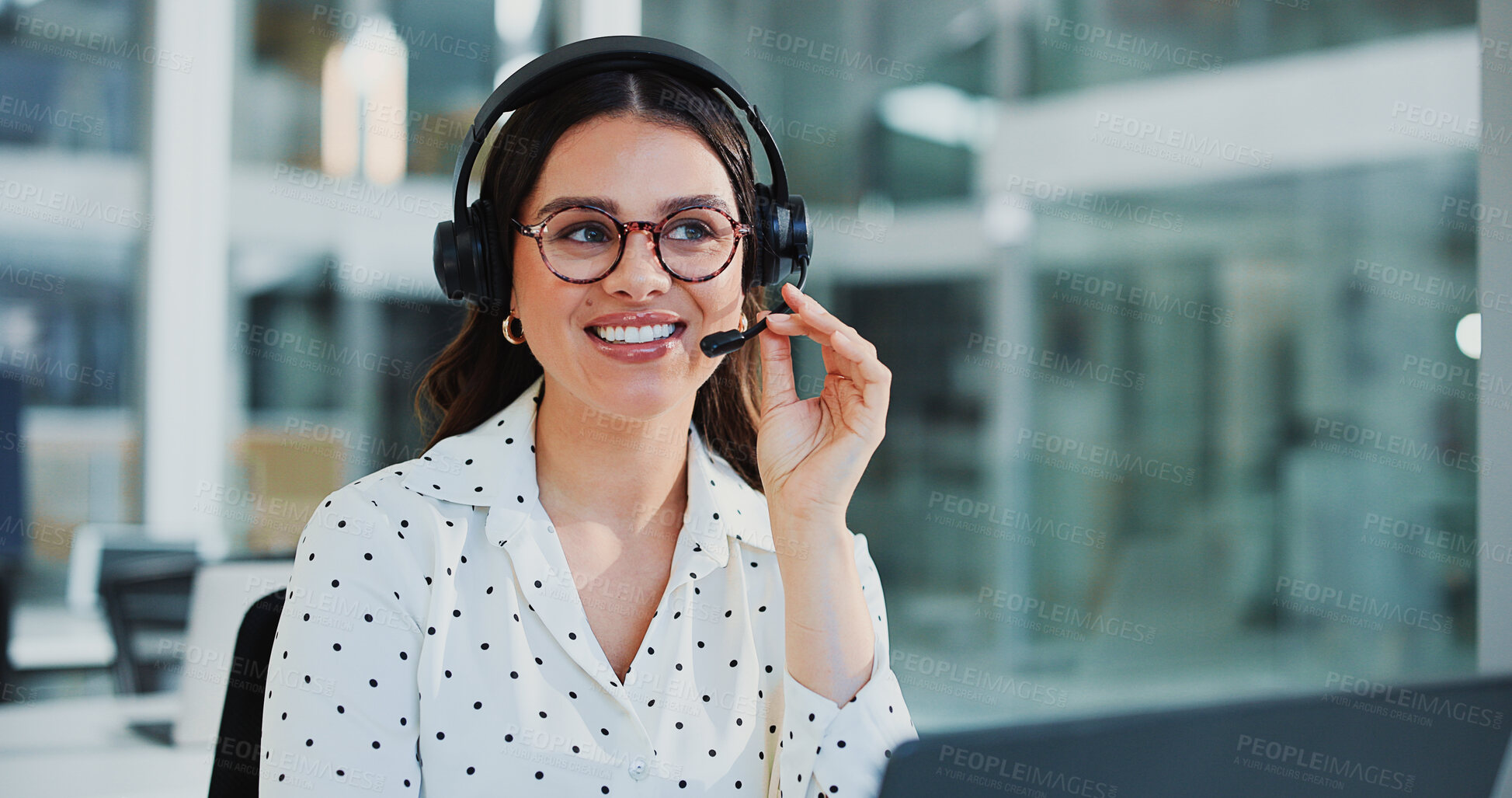 Buy stock photo Happy, agent and woman with headset, call center and communication with contact for lead generation. Office, telemarketing and person with mic for sales, space and consultation with tech and online