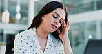 Frustrated woman, laptop and headache with stress for overworked pressure or deadline in office. Tired, female person or injury on computer with migraine, strain or fatigue for burnout in workplace