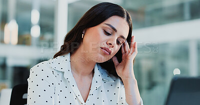 Buy stock photo Frustrated woman, laptop and headache with stress for overworked pressure or deadline in office. Tired, female person or injury on computer with migraine, strain or fatigue for burnout in workplace