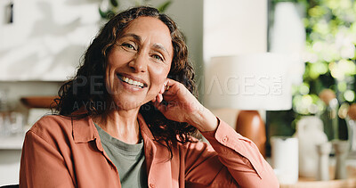 Buy stock photo Chill, smile and portrait of woman in home for peace, confidence and retirement. Happiness, pride and weekend break with mature person in living room of apartment for calm, morning and resting