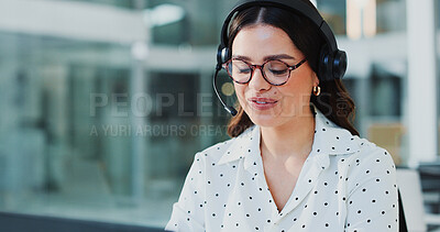 Buy stock photo Call center, headset and woman with laptop, happy and communication with contact for lead generation. Office, telemarketing and person with mic for sales, space and consultation with tech and online