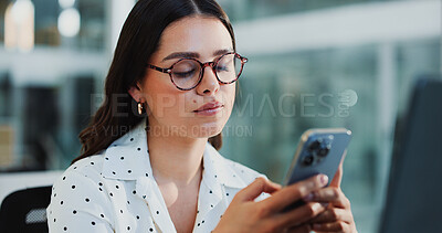 Buy stock photo Business woman, reading or phone in office, email notification or schedule update for investment project. Review details, check agenda info or stock broker track market with tech, message or research