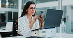 Happy, laptop and businesswoman with phone in office for email, online networking or connectivity. Smile, computer and female corporate employee with cellphone for  texting on mobile app in workplace