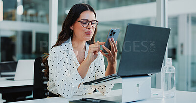 Buy stock photo Happy, laptop and businesswoman with phone in office for email, online networking or connectivity. Smile, computer and female corporate employee with cellphone for texting on mobile app in workplace