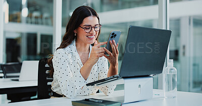 Buy stock photo Business woman, phone and smile with break, laptop and messages as accountant in office. Female person, glasses and tech for finance agency, notifications and investment opportunity for payroll job