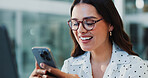 Happy, woman and texting with smartphone, office and funny post on social media, reading and online. Laughing, employee and person with mobile for chat, network or communication with contact on break