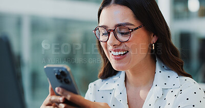 Buy stock photo Happy, woman and texting with smartphone, office and funny post on social media, reading and online. Laughing, employee and person with mobile for chat, network or communication with contact on break