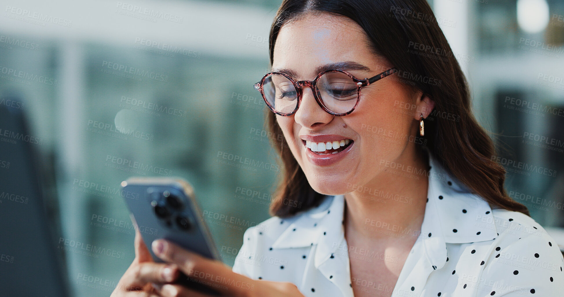 Buy stock photo Happy, woman and texting with smartphone, office and funny post on social media, reading and online. Laughing, employee and person with mobile for chat, network or communication with contact on break