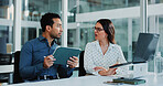 Tablet, laptop and business people in office with discussion for finance report with budget planning. Digital technology, computer and team of financial advisors with investment proposal in workplace