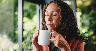 Buy stock photo Peace, smell and coffee with woman in home for reflection, wake up drink and relax. Morning inspiration, calm and vision with mature person drinking tea in house for memory, mindset and aroma