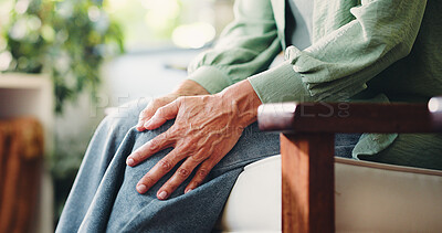 Buy stock photo Knee pain, injury and hands with woman in home for arthritis, joint emergency and inflammation. Osteoporosis, sprain and accident with person in living room of house for legs tension and recovery