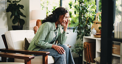 Buy stock photo Brain fog, headache and stress with woman in living room of home for burnout, discomfort or pain. Migraine, dizzy and temple massage with mature person in apartment for recovery or symptom relief