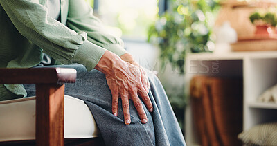 Buy stock photo Knee pain, sprain and hands with woman in home for arthritis, joint emergency and inflammation. Osteoporosis, injury and accident with person in living room of house for legs tension and recovery