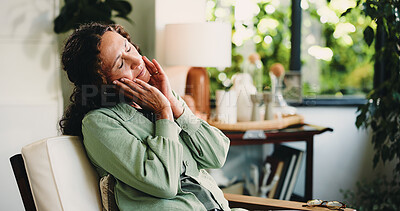Buy stock photo Dental, pain or woman in house with toothache, suffering or cavity in mouth issue. Hurt, gingivitis or mature person in living room with discomfort, plaque and tooth decay in oral infection.