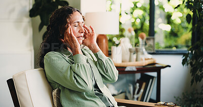 Buy stock photo Stress, pain and woman in house with headache, overwhelmed or burnout in bad decision. Frustrated, space and mature female person in living room with migraine, confused mindset or regret in memory.