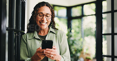 Buy stock photo Smile, reading and woman with phone in home, internet search and social media for browsing online. Happy, funny blog post or mature person with mobile app for forum discussion, comic story or message