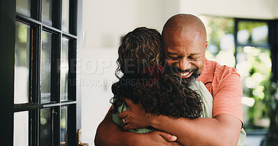 Buy stock photo Couple, hug and man with smile, house and excited for reunion, love and commitment for relationship. Happy, mature person and welcome with embrace, romance and affection with partner, bonding or home