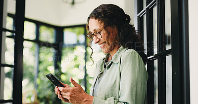 Buy stock photo Phone, reading and glasses with woman in home for social media, communication and online forum. Contact, networking app and digital chat platform with mature person and mobile in apartment with tech