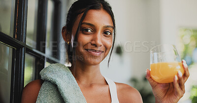 Buy stock photo Portrait, woman and juice for fitness, home and confident for wellness, healthy and organic beverage. Happy, Indian person and drink with vitamin c for energy boost, nutrition or liquid for hydration