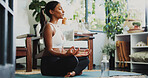 Meditation, fitness and breathing with woman in home for spiritual balance, holistic and mindfulness. Wellness, chakra and yoga with person in living room of apartment for lotus pose and peace