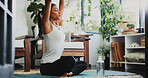 Meditation, fitness and stretching with woman in home for spiritual balance, holistic and mindfulness. Wellness, chakra and yoga with person in living room of apartment for breathing and peace