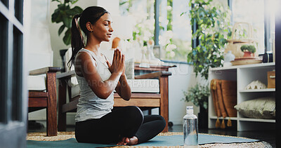 Buy stock photo Meditation, health and prayer hands with woman in home for spiritual balance, holistic and mindfulness. Wellness, chakra and yoga with person in living room of apartment for namaste and peace