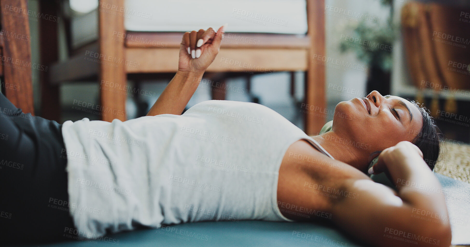 Buy stock photo Rest, headphones or woman on yoga mat for workout, relax or music playlist after training. Fitness, subscription or female person in house with tech, calm podcast or audio streaming on exercise break