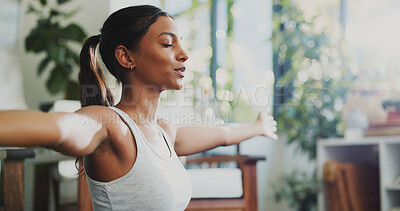 Buy stock photo Fitness, woman and yoga in home with stretching arms, breathwork exercise and meditation for wellness. Bokeh, zen person and breathing in house with pilates for mindfulness, inner peace and balance.