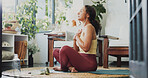 Mindfulness, calm and woman on yoga mat in house, awareness practice or grounding exercise for health. Peace, meditation or person with holistic activity for wellness, reduce stress and spiritual zen
