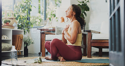 Buy stock photo Mindfulness, calm or woman on yoga mat in house, awareness practice or grounding exercise for health. Breathe, meditation or mature person with holistic activity for wellness, peace and spiritual zen