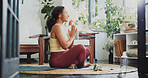 Meditation, mature and prayer hands with woman in home for spiritual balance, holistic and mindfulness. Wellness, chakra and yoga with person in living room of apartment for namaste and peace