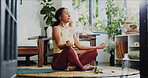 Mindfulness, yoga and calm woman in home, awareness practice and grounding exercise for mental health. Peace, meditation and person with lotus pose for wellness, holistic activity and spiritual zen