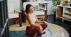 Woman, yoga or stretching neck in home with preparation for exercise, wellness and release tension. Active, mature person and warm up in house with circulation for mobility, fitness and good posture.