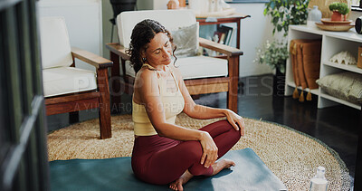 Buy stock photo Woman, yoga or stretching neck in home with preparation for exercise, wellness and release tension. Active, mature person and warm up in house with circulation for mobility, fitness and good posture.