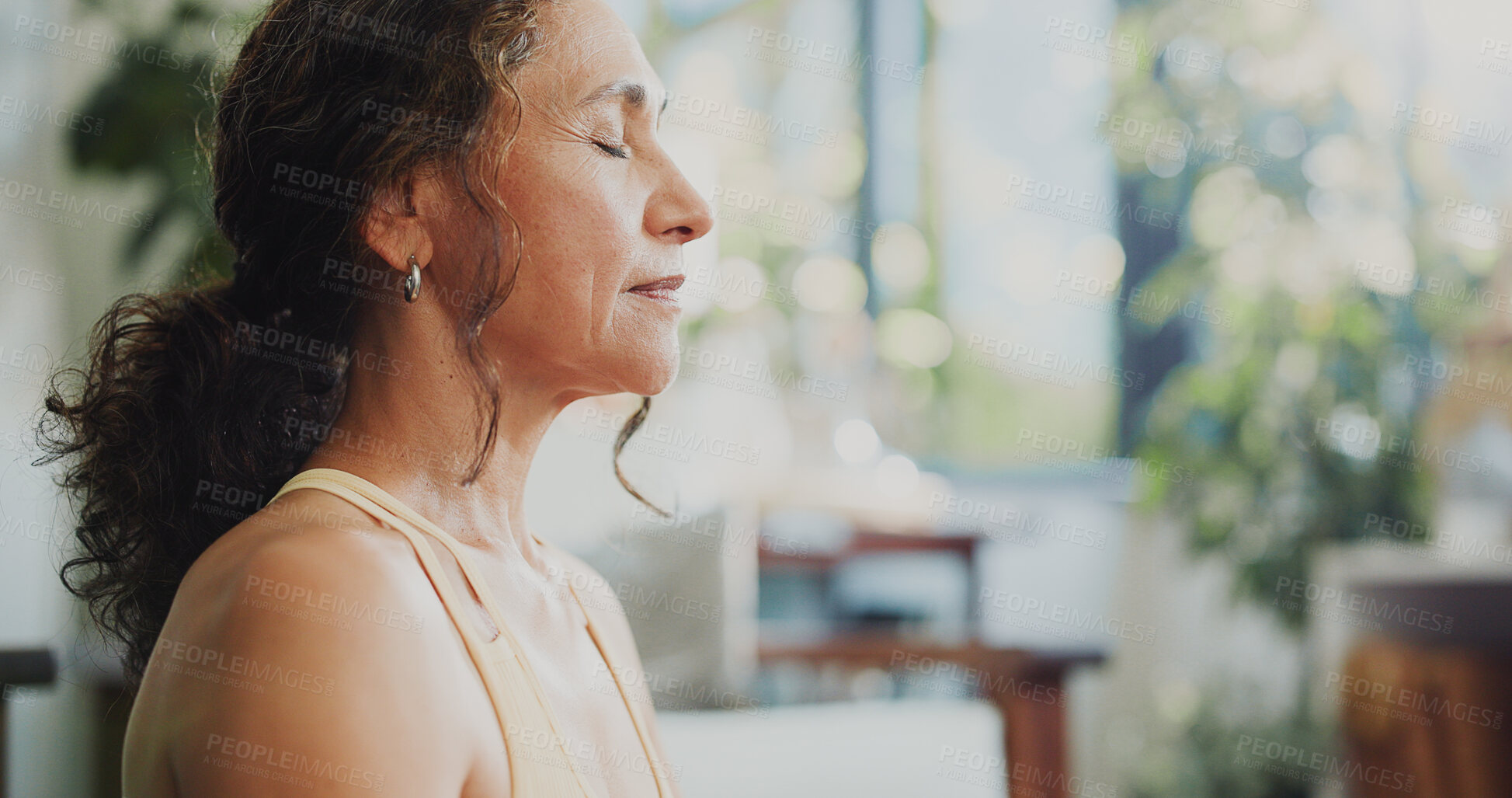 Buy stock photo Calm woman, meditation and home with breathing exercise for spiritual wellness or health. Female person, yogi or relax with inner peace or zen for mindfulness, awareness or mental wellbeing on space