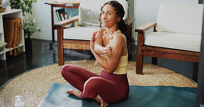 Buy stock photo Woman, yoga and stretching arms in house with preparation for exercise, wellness and holistic health. Active, mature person and smile in apartment with warm up for mobility, fitness and good posture.