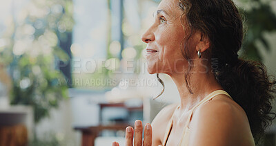Buy stock photo Happy woman, meditation or zen with breathing exercise in home for spritual wellness or health. Female person, yogi or namaste with inner peace for mindfulness, awareness or mental wellbeing in house