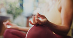 Woman, hands and meditation with zen for spiritual wellness, awareness or mental wellbeing in home. Closeup, female person or yogi with inner peace or lotus pose for mindfulness, chakra or mudra