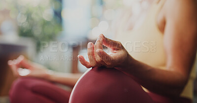 Buy stock photo Woman, hands and meditation with zen for spiritual wellness, awareness or mental wellbeing in home. Closeup, female person or yogi with inner peace or lotus pose for mindfulness, chakra or mudra