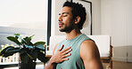 Meditation, calm man or home for breathing routine, relaxation or body awareness practice for wellness. Mindfulness, inner peace or person with holistic breathwork exercise, yoga or mental health zen