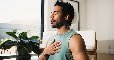 Buy stock photo Meditation, calm man or home for breathing routine, relaxation or body awareness practice for wellness. Mindfulness, inner peace or person with holistic breathwork exercise, yoga or mental health zen