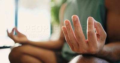 Buy stock photo Hands, meditation and yoga in home, lotus or mindfulness for inner peace, zen or wellness with faith. Calm, person and spiritual awareness for mental health, yogi and gesture for stress relief