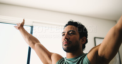 Buy stock photo Fitness, man and stretching arms in home with preparation for exercise, wellness and healthy body. Active, person and athlete in apartment with warm up, workout start and getting ready for training.