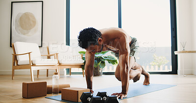 Buy stock photo Fitness, man and plank in home with yoga mat for balance, strength training or healthy body goals. Active, person and HIIT workout on floor with mountain climbers exercise, stability or coordination.