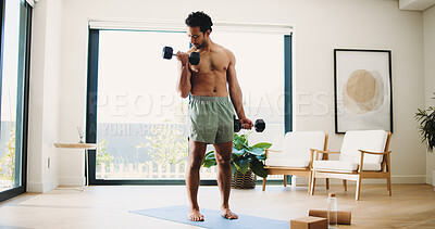 Buy stock photo Home, fitness or man with weights for workout, strength development or muscle training for health goals. Challenge, bicep curl or active athlete with arm exercise, body building or dumbbells for gain