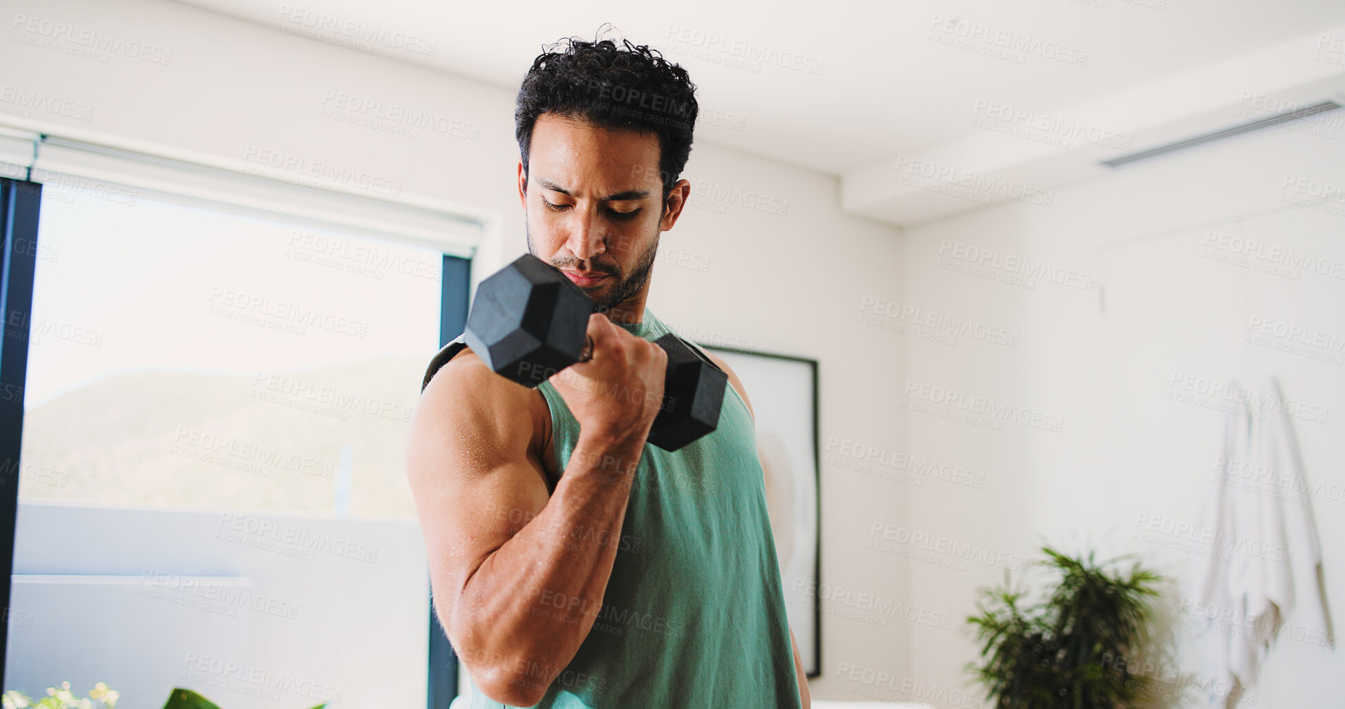 Buy stock photo Home workout, fitness and man with dumbbell, strength development and muscle gain for body goals. Challenge, active or athlete with bicep exercise for training, low angle or weightlifting for health