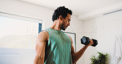 Buy stock photo House, fitness and man with weights for workout, strength development or muscle gain for body building. Low angle, active or athlete training with bicep exercise, dumbbell or  challenge for results