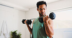 Fitness, man and weightlifting in home with dumbbells for strength training, workout or bodybuilding. Active, person or bodybuilder in apartment with exercise, lifting weights and muscle development.