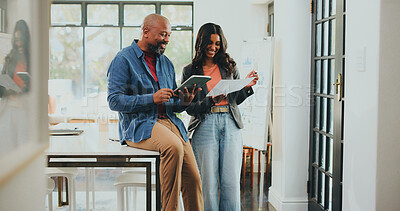 Buy stock photo Creative people, documents and tablet in office for internship, project management and designer agency. App, meeting or paperwork with man, woman and mentor in workplace for conversation or update