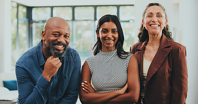 Buy stock photo Team, happy and portrait of business people in office for financial startup, about us and pride. Professional, collaboration and women with man for partnership, cooperation and investment career